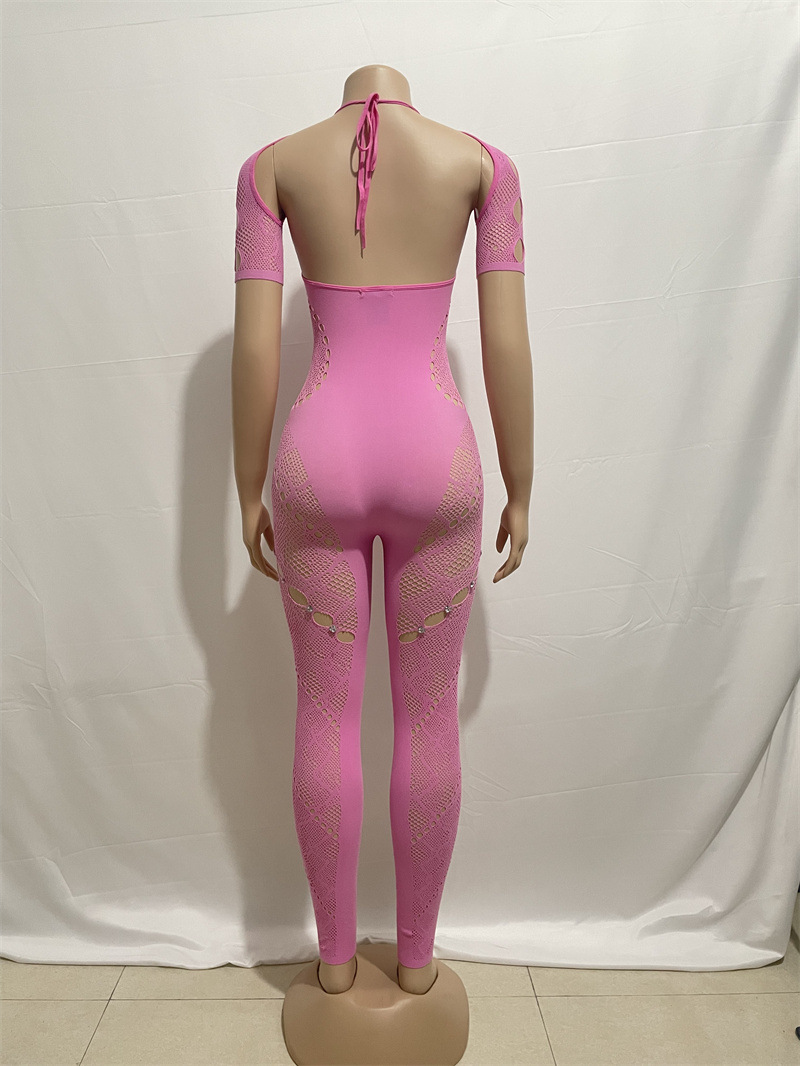 Jumpsuit renda pinggang tinggi lengan panjang ramping seksi Halter warna Solid wanita