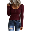 Wanita Lengan Panjang Slim Fit Kasual Musim Gugur Henley Top Button Down Blus Basic Ribbed Knit T-shirt