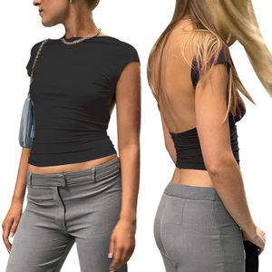 Kaus crop Y2K kasual musim panas kerah oblong Slim Fit lengan pendek punggung terbuka seksi wanita