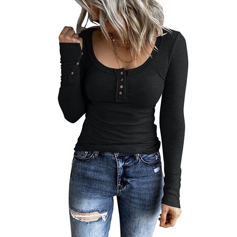 Wanita Lengan Panjang Slim Fit Kasual Musim Gugur Henley Top Button Down Blus Basic Ribbed Knit T-shirt