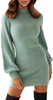 Wanita Mock Neck Ribbed Lengan Panjang Bodycon Pullover Dress Sweater Mini Lucu