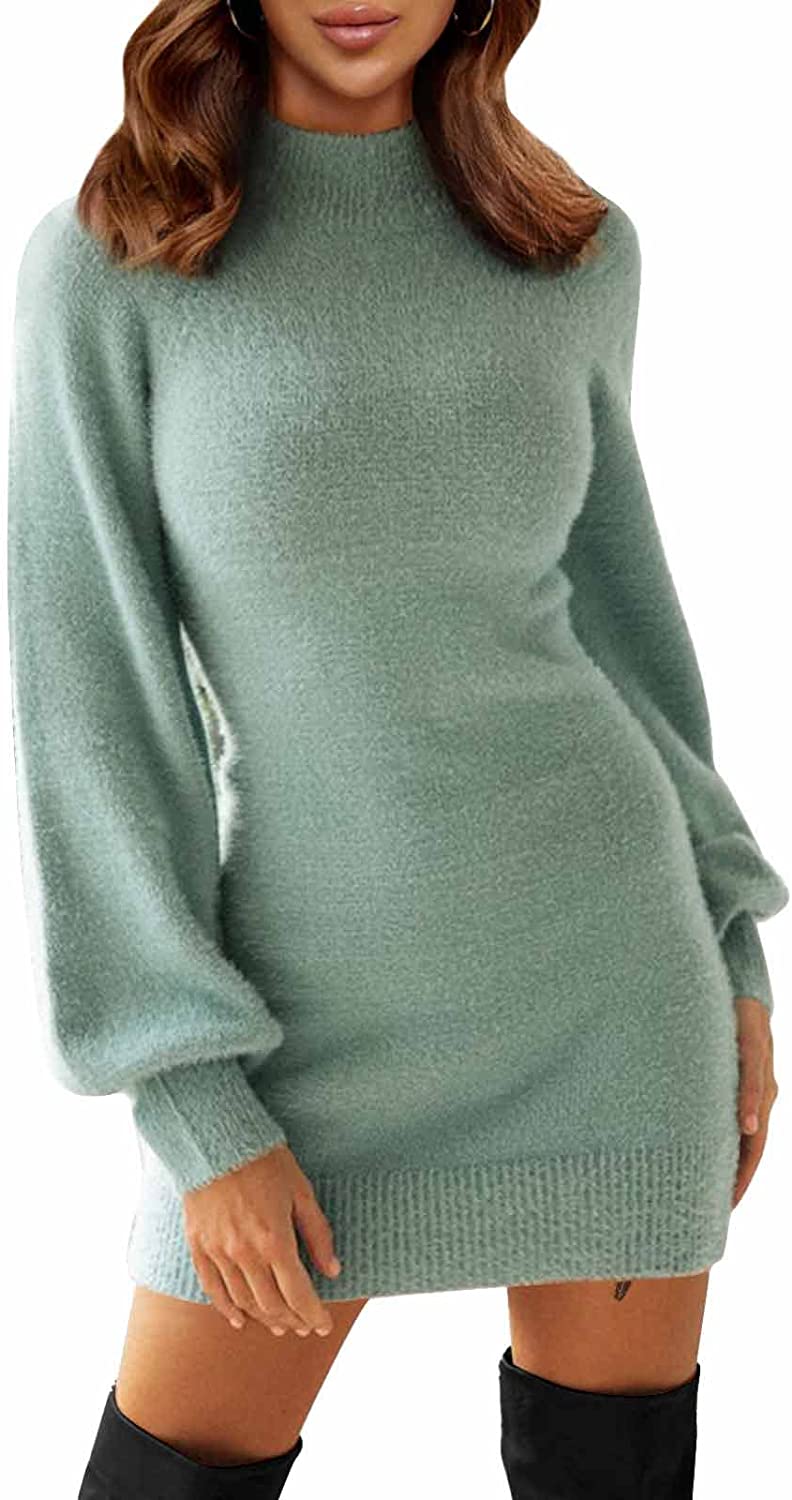 Wanita Mock Neck Ribbed Lengan Panjang Bodycon Pullover Dress Sweater Mini Lucu